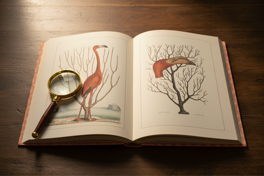Open antique book showing Catesby 1731 Plates 73 and 74 American Flamingo and bill study with coral - LeBonJournal