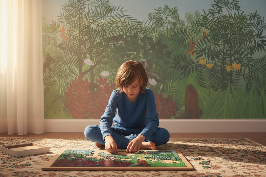 Child of 8 years old assembling a Rousseau Tropical Forest with Monkeys puzzle on a bedroom floor, the jungle scene coming alive on the wall behind him