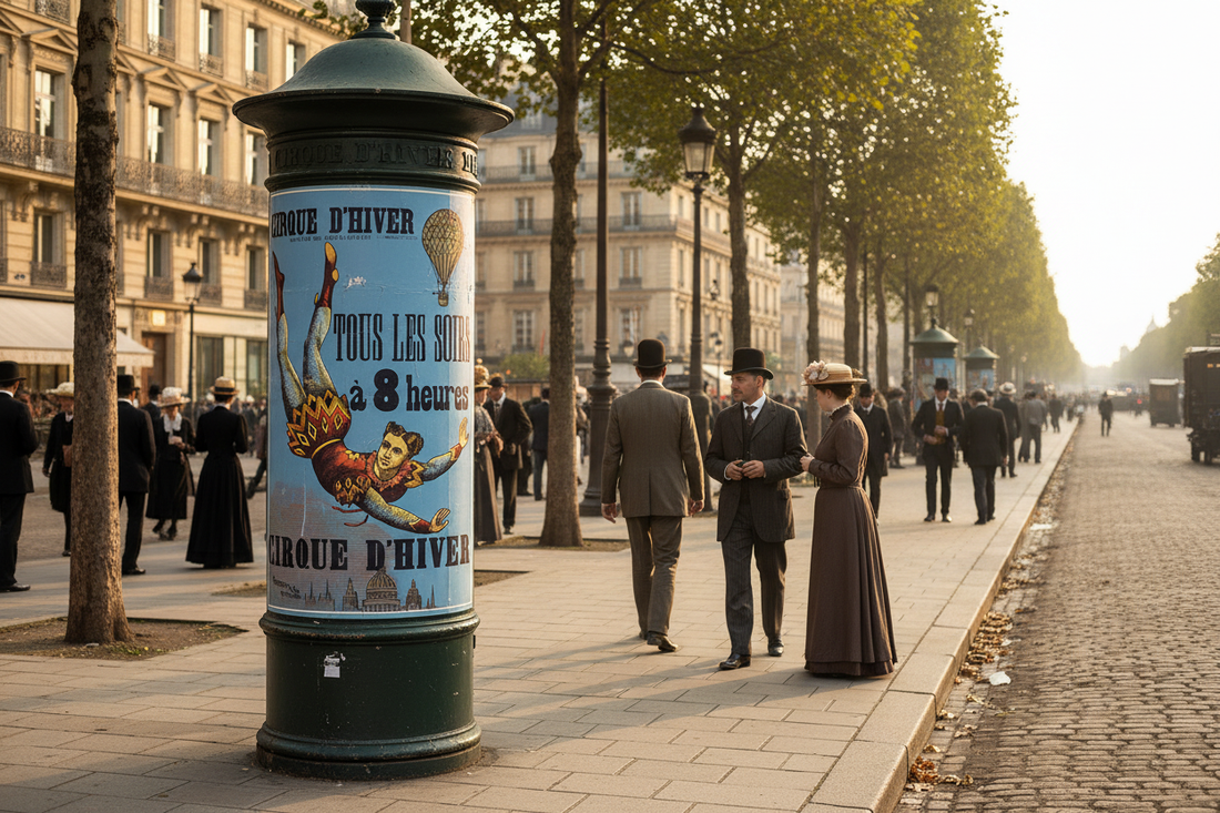 Belle Époque Morris column on a Parisian sidewalk displaying a Cirque d'Hiver poster with aerial acrobat and hot-air balloon, pedestrians in period dress, Haussmann facades and cobblestone boulevard in warm golden afternoon light