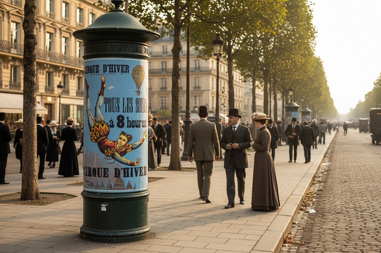 Belle Époque Morris column on a Parisian sidewalk displaying a Cirque d'Hiver poster with aerial acrobat and hot-air balloon, pedestrians in period dress, Haussmann facades and cobblestone boulevard in warm golden afternoon light
