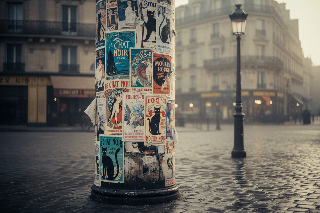 Parisian street in 1900 with a Morris column covered in colorful Art Nouveau black cat posters in turquoise, white, black and red, Haussmann building and gas lamp in the background - LeBonJournal
