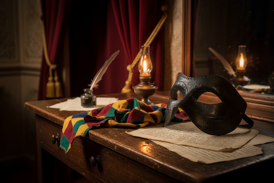 17th century Italian theatrical dressing room with Commedia dell'Arte leather mask diamond fabric scraps quill pen and oil lamp - LeBonJournal