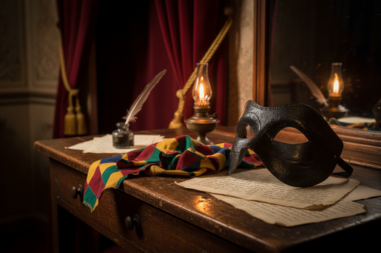 17th century Italian theatrical dressing room with Commedia dell'Arte leather mask diamond fabric scraps quill pen and oil lamp - LeBonJournal