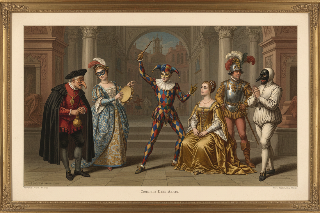 Commedia dell'Arte characters on Renaissance theatre stage including Harlequin, Pantalone, Colombina, and Pulcinella in period costumes and masks