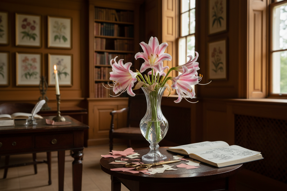 Crinum zeylanicum Asphodil Lily in a Georgian drawing room with antique scissors and hand-coloured paper fragments — the flowers that inspired Mary Delany's Flora Delanica 1778