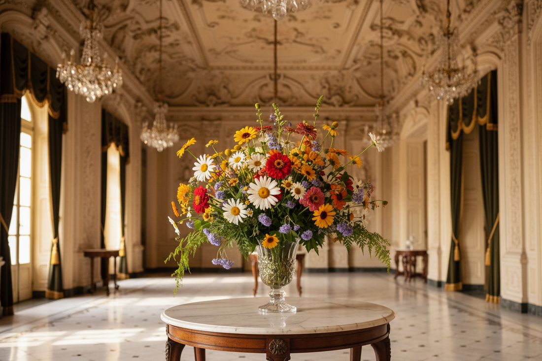 Victorian palace entrance hall with marble table and abundant bouquet of daisies zinnias ageratum and calendula in crystal vase