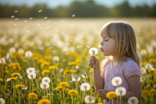 freckled girl in profile blowing dandelion seeds in a field of wildflowers, celebrating Taraxacum officinale