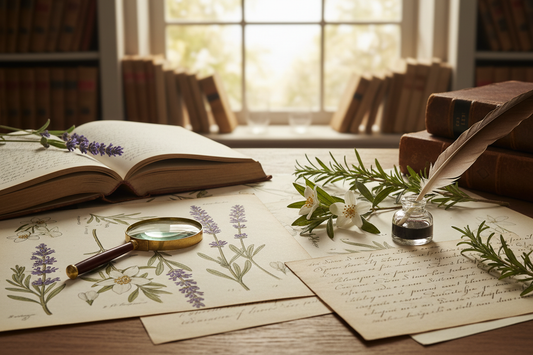 Naturalist's desk with Gessner 1795 botanical plates lavender rosemary and brass magnifying glass in soft window light - LeBonJournal
