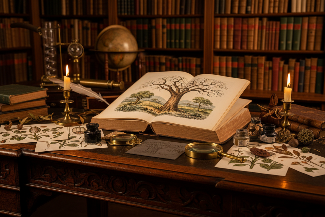  French naturalist's study with Dictionnaire pittoresque open to hand-coloured baobab engraving, watercolour brushes, quill pen and botanical specimens, Paris 1830s - LeBonJournal