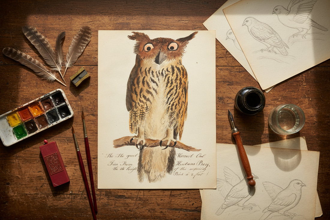 Overhead view of Digby's Naturalist's Companion manuscript open to the Great Horned Owl watercolour, surrounded by 1810 drawing tools palette and quill