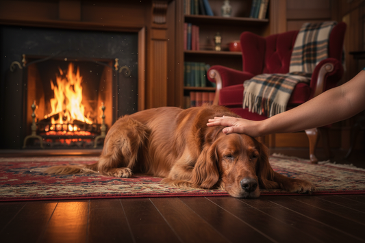 large gentle dog lying by a warm fireplace with owner's hand resting softly on its back