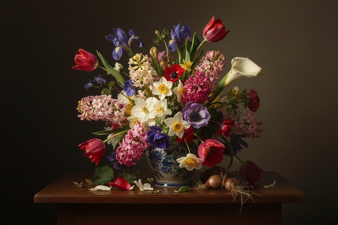 Dutch 19th century floral still life with tulips, hyacinths, narcissus, irises and lilies in a ceramic vase on a dark wooden table, warm golden light in the manner of Dutch Golden Age painting