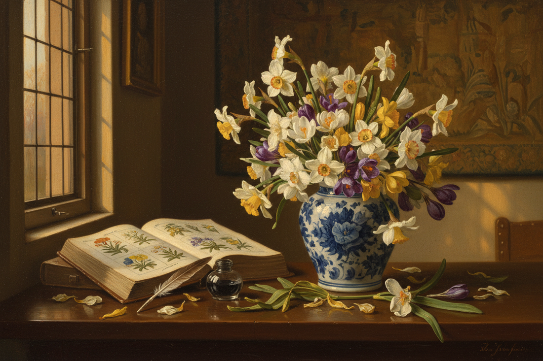 Dutch Golden Age florist's table with narcissus and crocus in Delft vase, botanical illustration book, quill pen, warm golden light — LeBonJournal