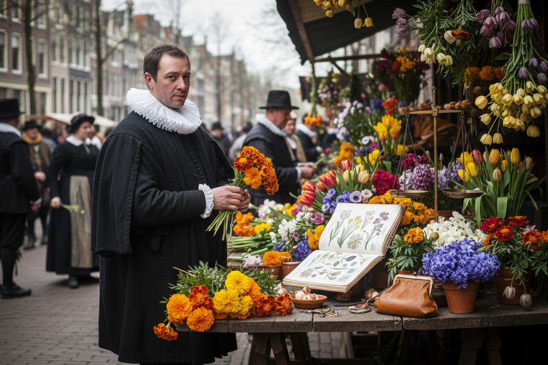 Dutch flower market circa 1612 with golden marigolds tulips and hyacinths on wooden trestle tables Dutch merchant in period dress with open plant catalogue brass scale and canal gable houses in soft northern light - LeBonJournal