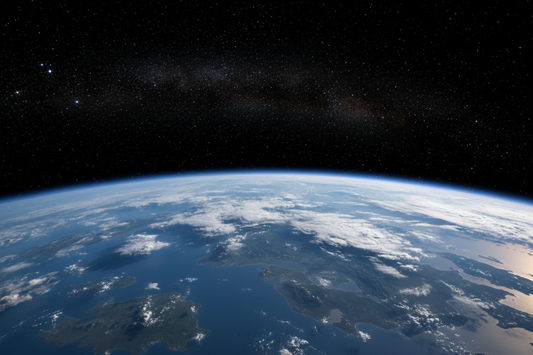 View from low Earth orbit showing the curved planet below and a starry sky above - LeBonJournal