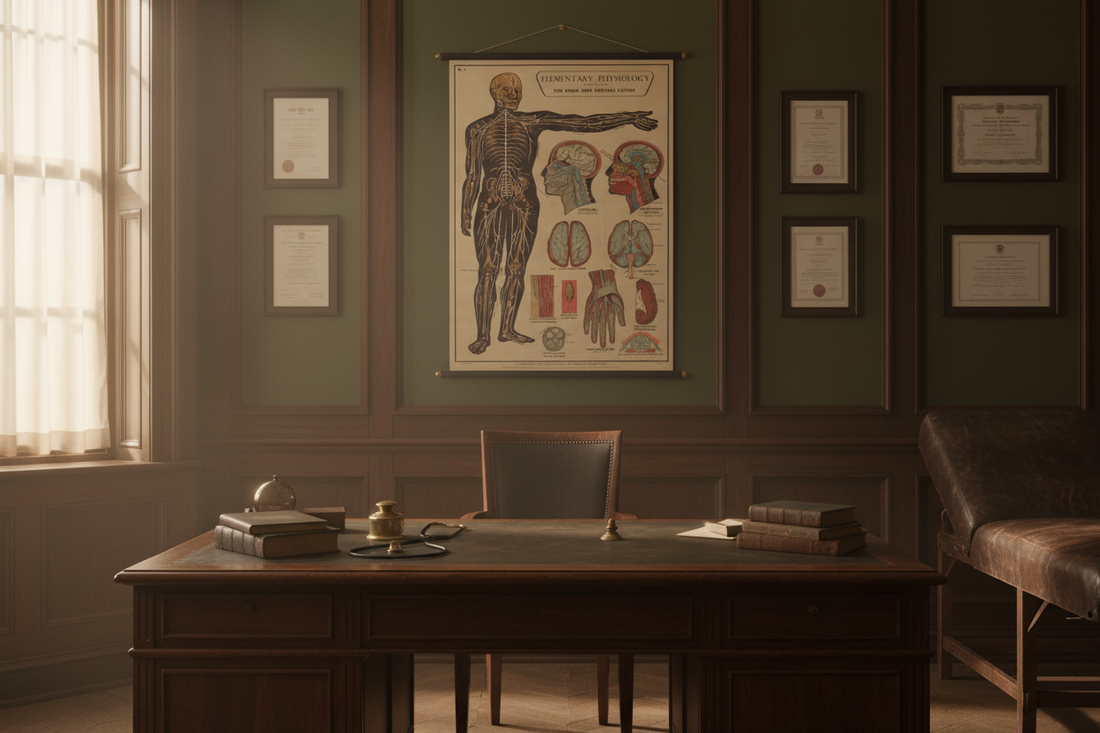 Edwardian doctor's consulting room circa 1912 with brain and nervous system anatomical wall chart behind mahogany desk, stethoscope and medical books, dark wood paneling and sash window in Downton Abbey style - LeBonJournal
