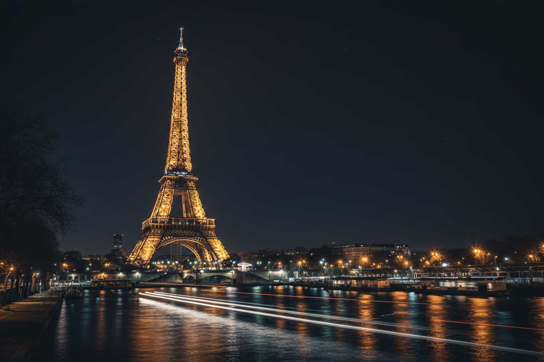 Eiffel Tower illuminated at night glowing golden against a deep blue Paris sky with reflection shimmering in the Seine, soft bokeh city lights in the background