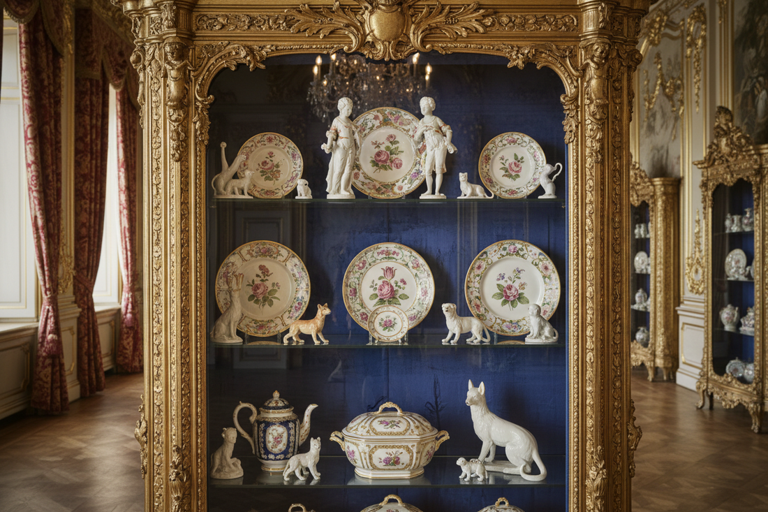 Eighteenth-century palace display cabinet with Meissen porcelain botanical service Kändler figures and indianische Blumen pieces on cobalt silk shelves in gilded baroque interior with candlelight - LeBonJournal