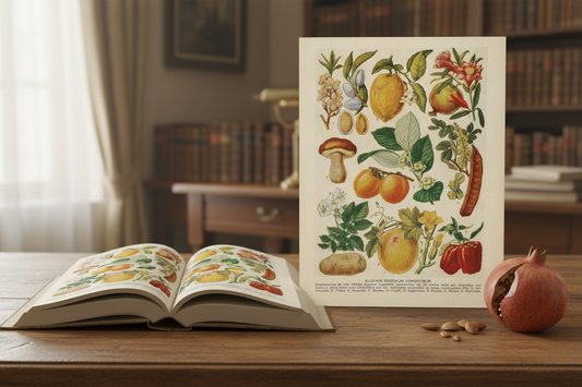 Vintage encyclopedia open showing El Tesoro de la Juventud edible fruits botanical plate with almonds pomegranate and pepper on wooden table