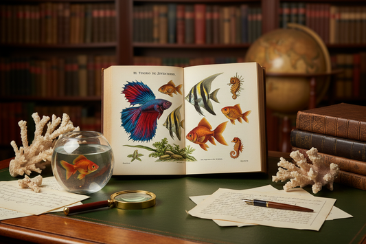 El Tesoro de la Juventud open encyclopedia showing vivid early 20th century aquarium fish plate — Betta, Angelfish, Moorish Idol and Seahorse on a natural history library des