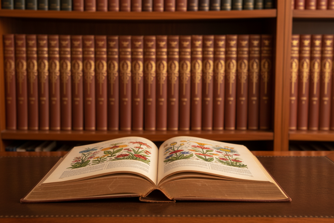El Tesoro de la Juventud encyclopedia volume open on wooden desk with botanical illustration, complete brown and gold set on cedar bookshelf behind - LeBonJournal