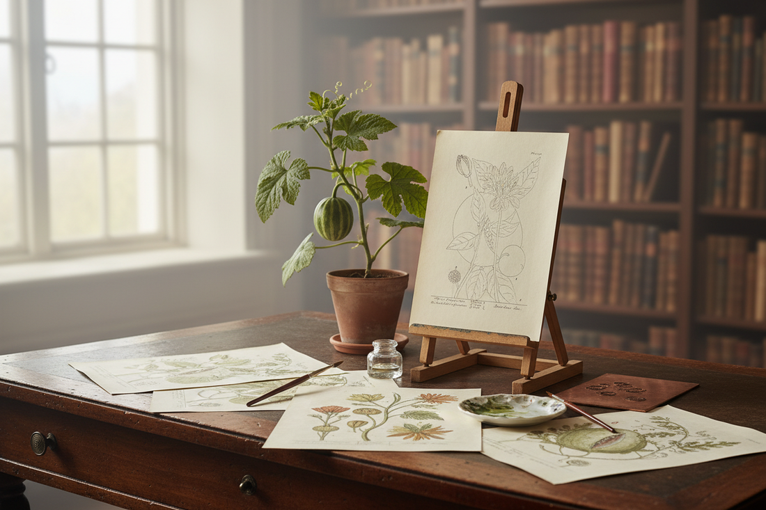 Georgian botanical artist's desk with finished A Curious Herbal engravings, tabletop easel with half-painted plant illustration, and melon specimen — Elizabeth Blackwell, 1739