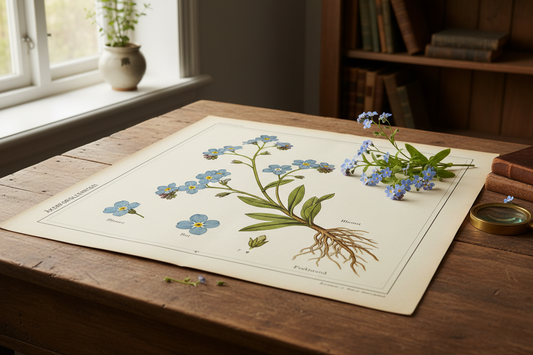 Emil Korsmo Unkrauttafeln 1934-1938 botanical weed chart with Field Forget-me-not Myosotis arvensis on wooden desk