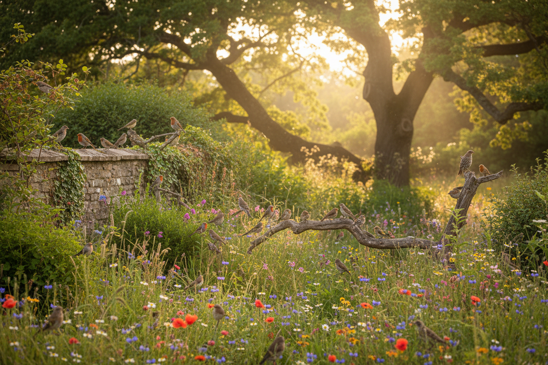 English garden in golden afternoon light filled with small birds perched on branches hedgerows and wildflowers
