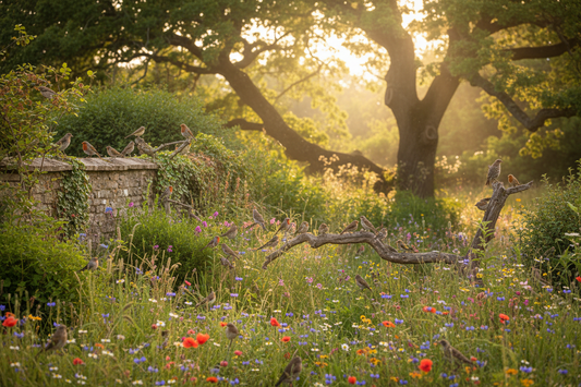English garden in golden afternoon light filled with small birds perched on branches hedgerows and wildflowers