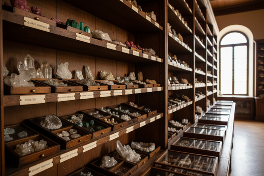 Enlightenment natural history cabinet shelves with mineral and gemstone specimens, each with a small handwritten paper label pinned with brass tacks, warm candlelight, 18th century cabinet of curiosities