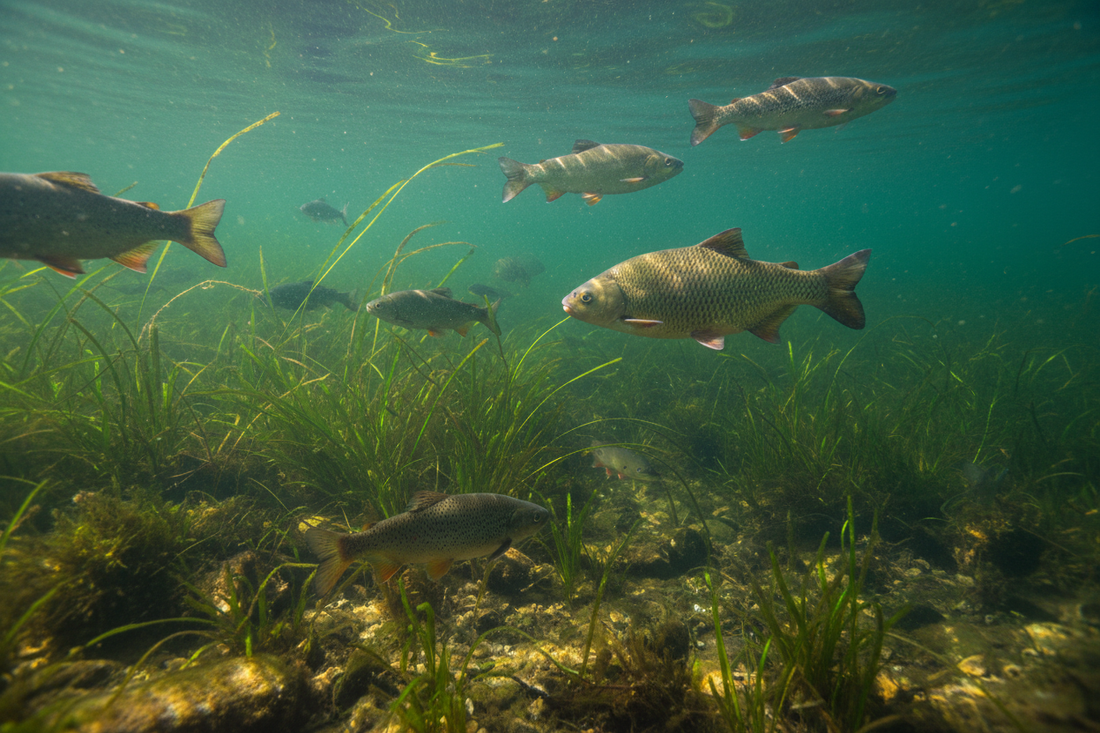 Underwater view of a European river with greenish water, freshwater fish swimming among aquatic plants with dappled sunlight filtering from above - LeBonJournal
