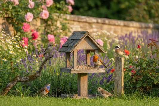 European songbirds perched on a wooden garden feeder surrounded by roses and wildflowers — robin, bluethroat and warblers in an English garden