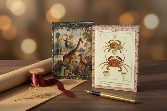 Two LeBonJournal hardcover journals — London Zoo Spooner 1844 and Crustacean Polydore Roux 1828 — with kraft wrapping paper roll, ribbon spool and botanical sprig on walnut desk - LeBonJournal