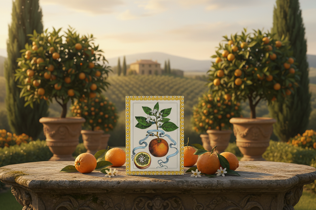 La de la villa italiana con la mesa de piedra 🍊 (la que generamos, alt text: Ferrari Hesperides 1646 citrus journal on ancient stone table in Italian villa garden with orange trees, azahar blossoms, cypress trees and Tuscan countryside - LeBonJournal)