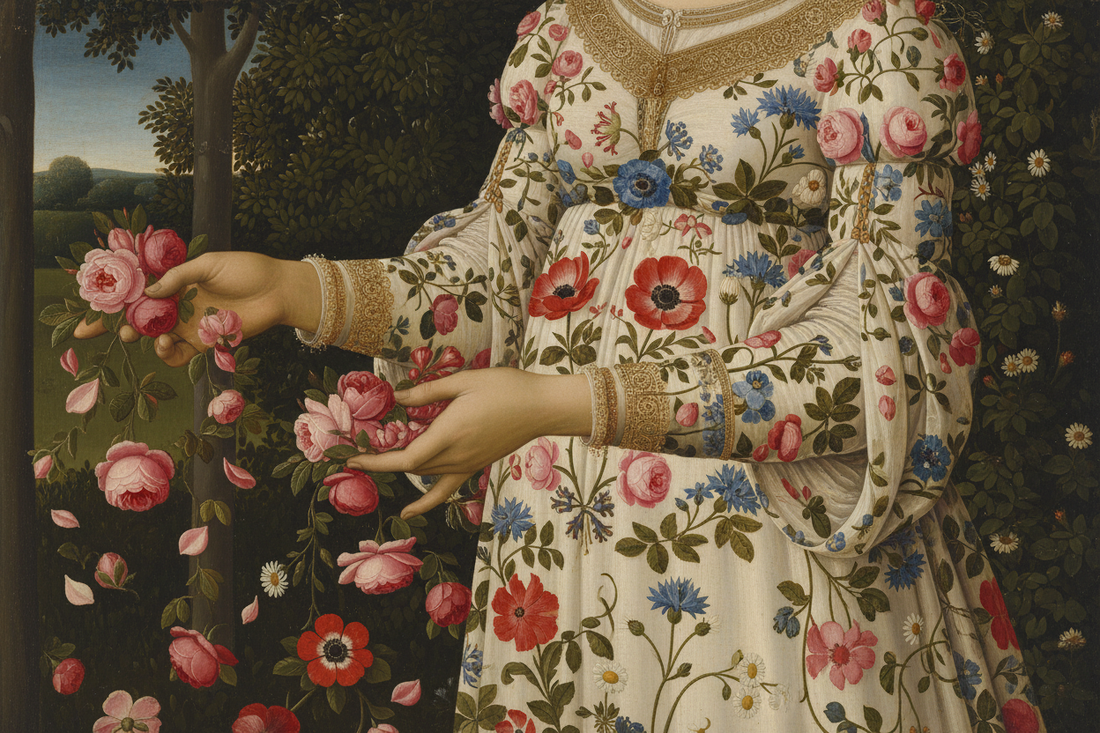 Botticelli La Primavera Flora detail — hands scattering roses over flower-embroidered dress with gold lace sleeve 1482 Uffizi — LeBonJournal