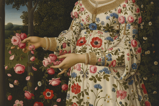 Botticelli La Primavera Flora detail — hands scattering roses over flower-embroidered dress with gold lace sleeve 1482 Uffizi — LeBonJournal