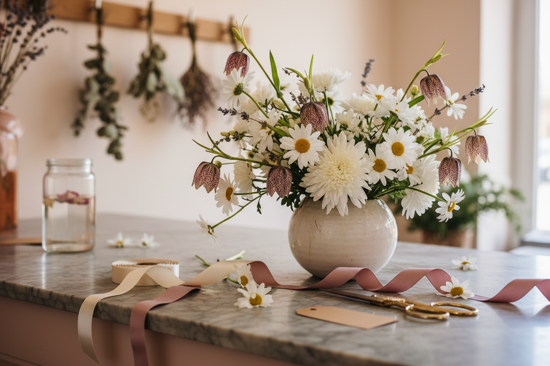 Fresh daisies white chrysanthemums and fritillaries in a ceramic vase