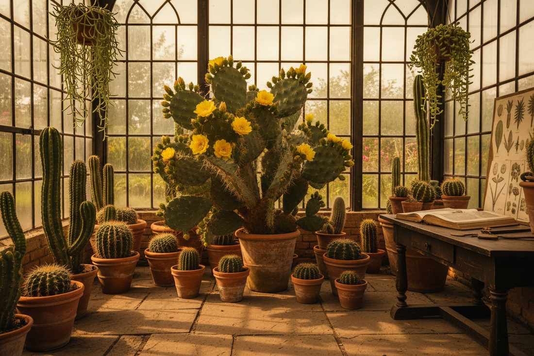 Flowering prickly pear cactus in a 17th-century Dutch botanical glasshouse surrounded by exotic cacti in terracotta pots, golden afternoon light