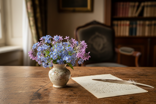 Delicate bouquet of forget-me-nots and mauve heliotrope in an antique ceramic vase on a worn wooden writing desk with a handwritten letter in soft natural window light