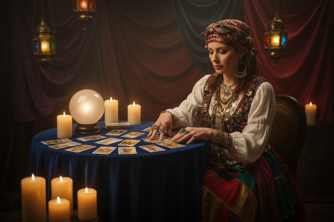 Romani fortune teller laying Rider-Waite tarot cards on a blue velvet table, surrounded by thick pillar candles, lanterns and a crystal ball, bohemian mystical atmosphere
