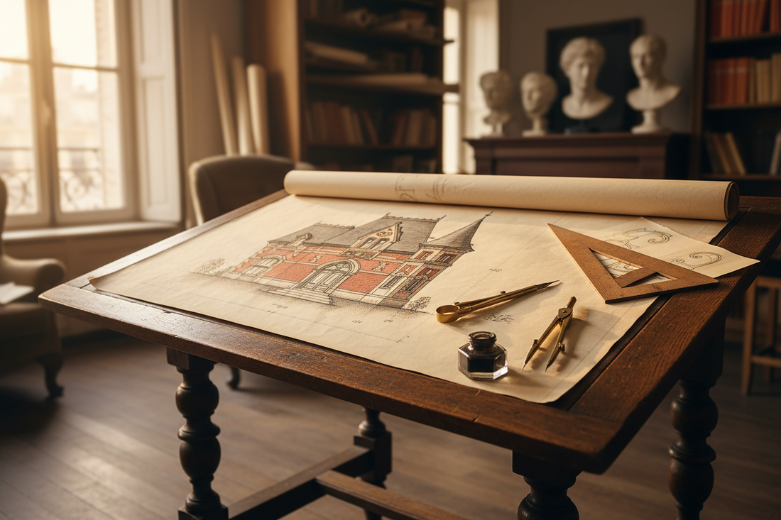 French architect's drafting table from 1878 with neo-medieval villa architectural drawing brass compass set square and ruling pen in afternoon light