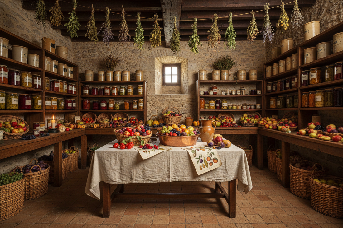 French château pantry circa 1900 with stone shelves seasonal fruits copper bowl ceramic jars and botanical illustration pages in Belle Époque abundance