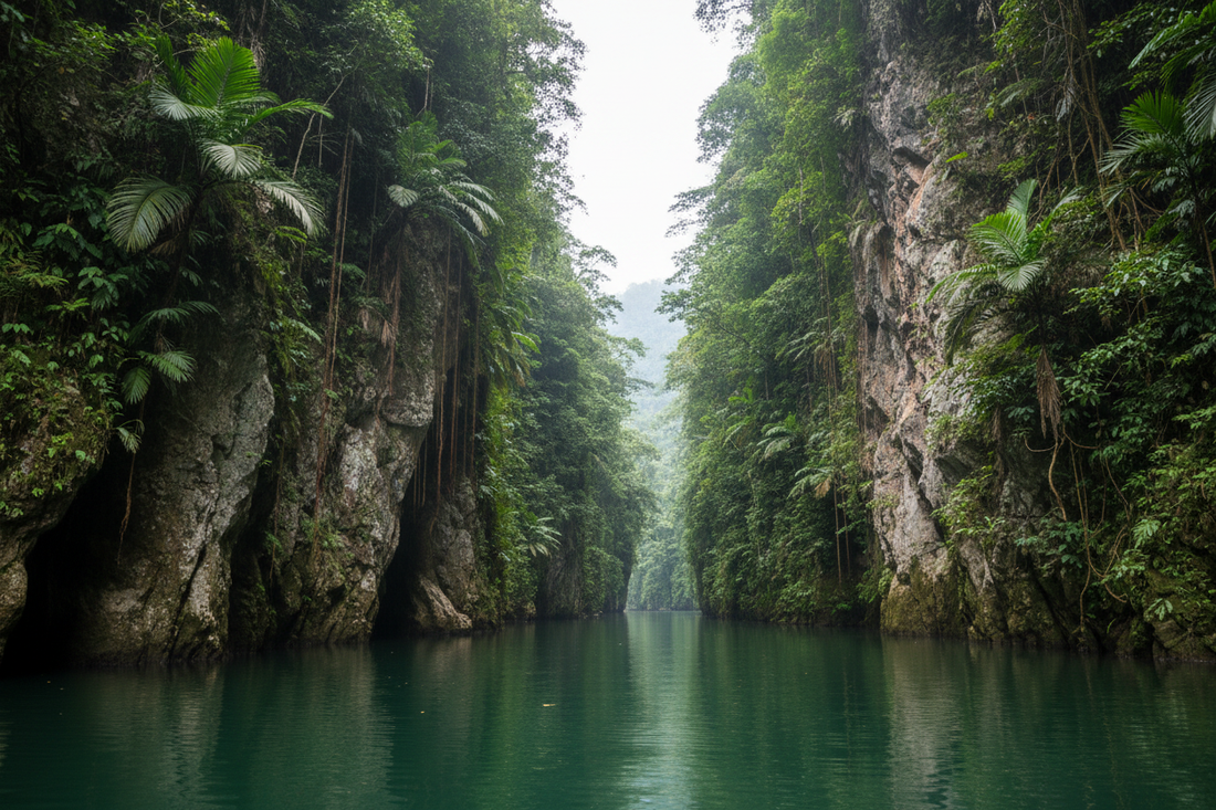 Two massive rock formations rising from a tropical river valley in Colombia surrounded by dense jungle and calm green water