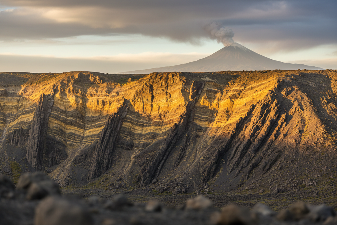 Dramatic exposed geological rock face showing vivid layered strata in yellows, oranges and deep greys with dark basalt igneous intrusions and a distant volcano with smoke plume on the horizon in golden raking light