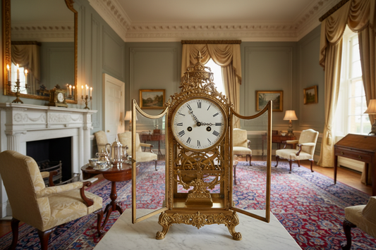 Elegant Georgian drawing room with a brass bracket clock on the marble chimneypiece, candlelight and Palladian architectural details