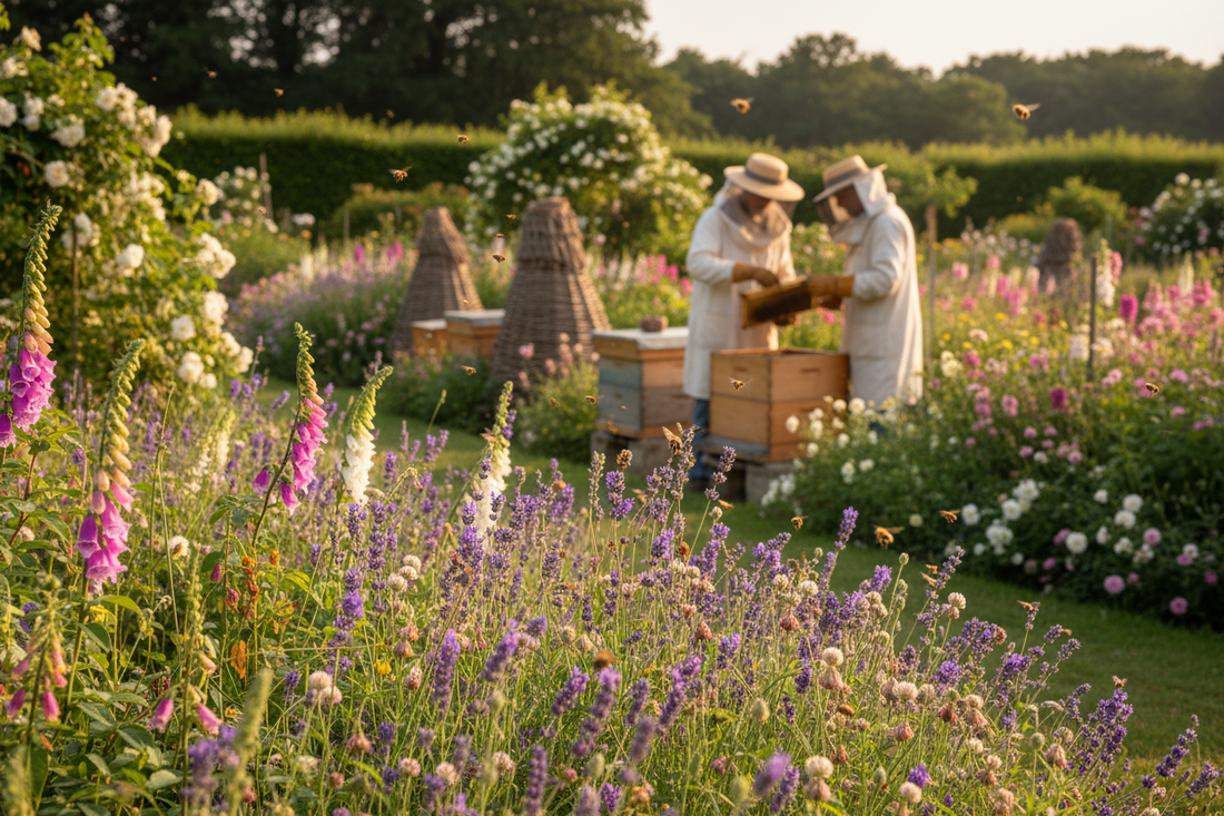 Honeybees on lavender and wildflowers in a Georgian English garden, wooden beehives in the mid-ground and beekeepers in period veils tending the hives in the background