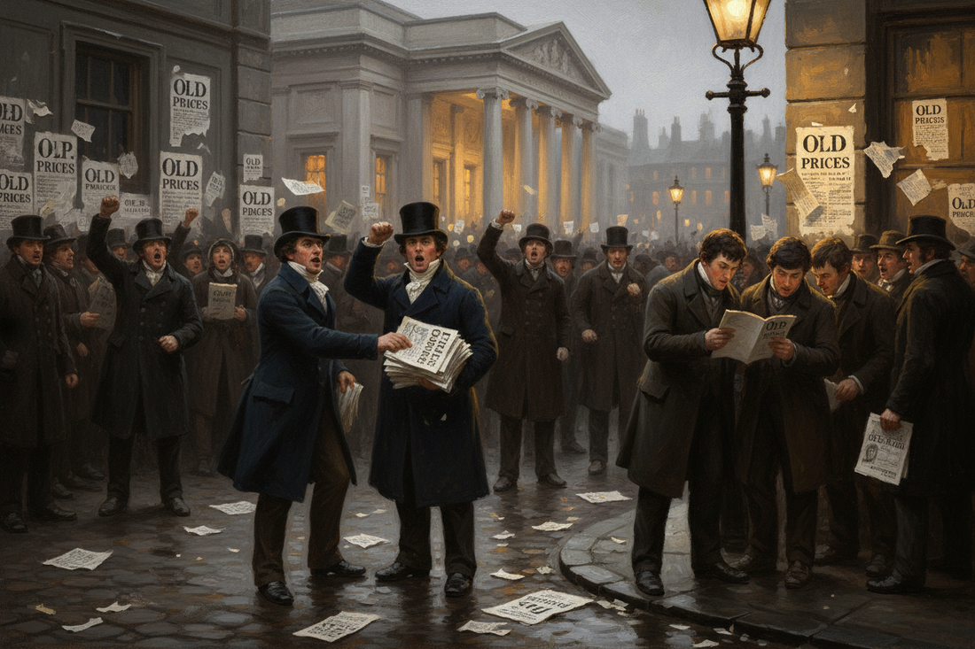 Georgian London crowd outside Covent Garden Theatre in 1809 distributing and reading Old Price O.P. protest pamphlets pasted on stone walls and scattered on wet cobblestones by gas lamp and torchlight with Greek Revival theatre facade beyond