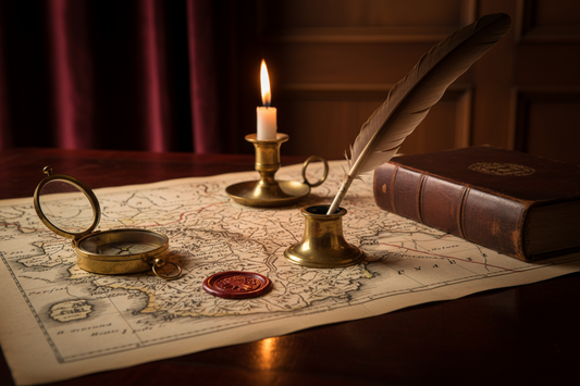 Georgian military officer's desk with campaign map wax seal quill brass compass and candlelight evoking British cavalry history 1798
