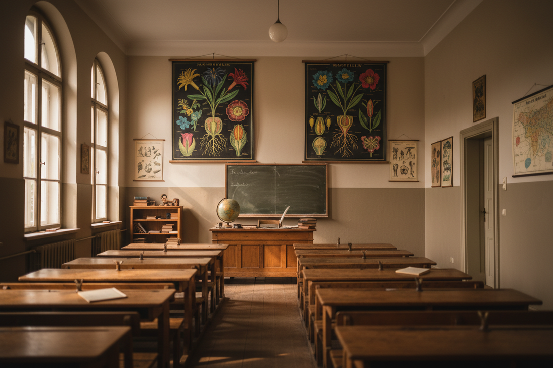 Late 19th century German classroom with botanical Wandtafeln wall charts hanging at the front, wooden school desks in rows, tall windows and natural light, Wilhelmine educational atmosphere