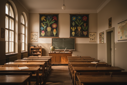 Late 19th century German classroom with botanical Wandtafeln wall charts hanging at the front, wooden school desks in rows, tall windows and natural light, Wilhelmine educational atmosphere